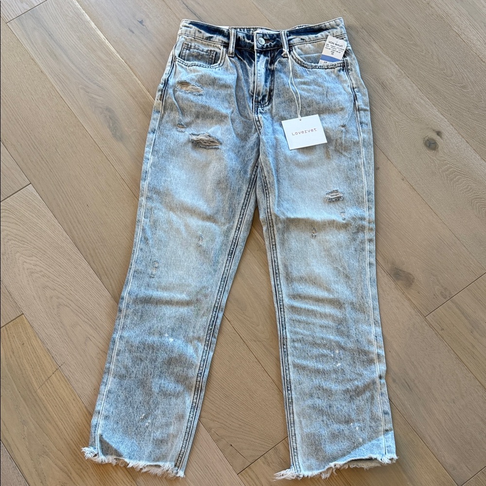 Lovestitch Women's Distressed Straight Leg Jeans - Light Blue
